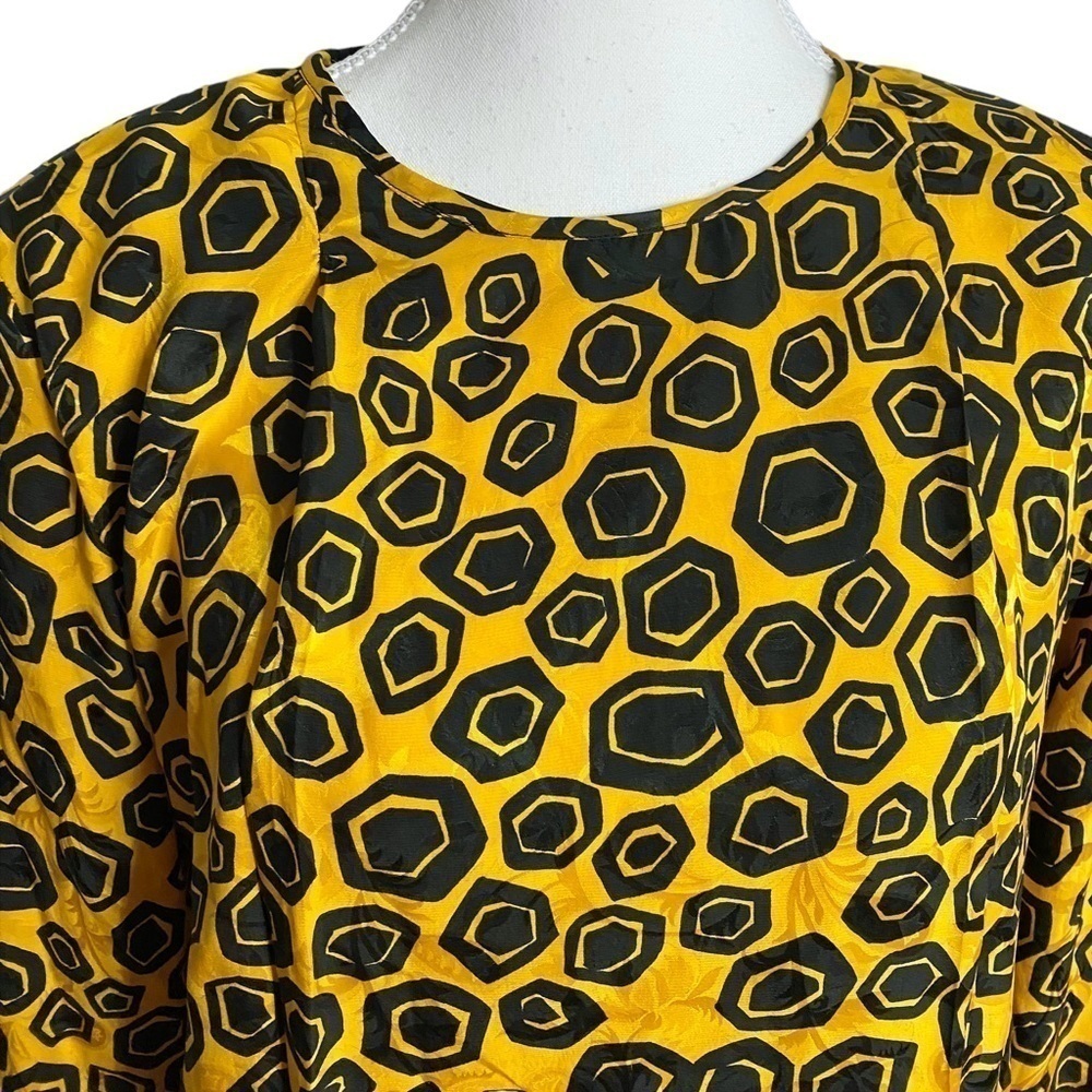 Flora Kung Vintage Geometric Black Squares on Yellow Embossed Long Sleeve Top - Picture 3 of 12